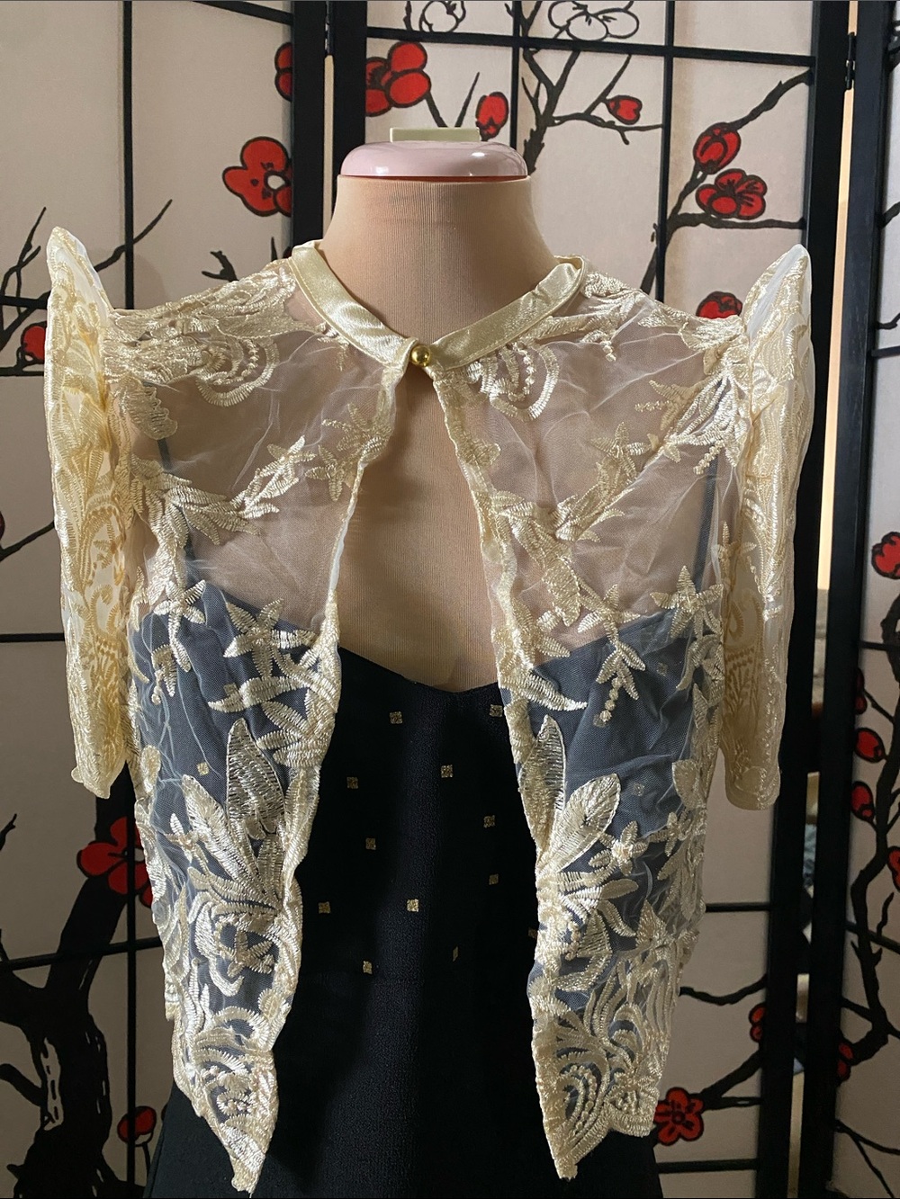 Filipinana Elegant Sheer Gold Embroidered Bolero Jacket - Women Tops